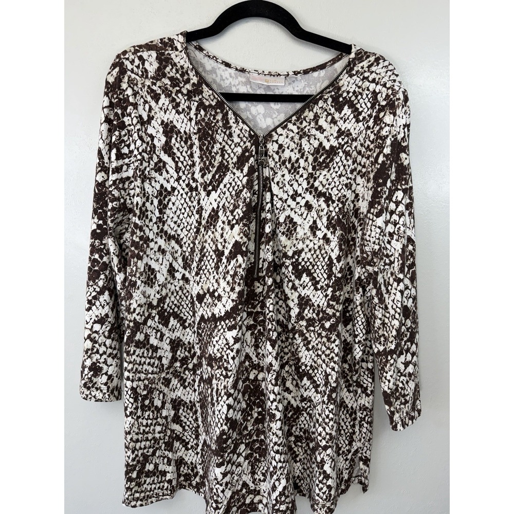 Belle By Kim Gravel Brown/white‎ Snake Skin Printed 3/4 Sleeve Blouse Size XL